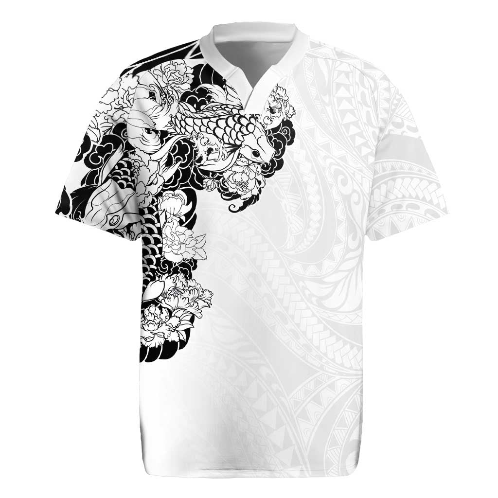 Hawaiian and Japanese Together Rugby Jersey Japanese Koi Fish Tattoo and Kakau Pattern White Color