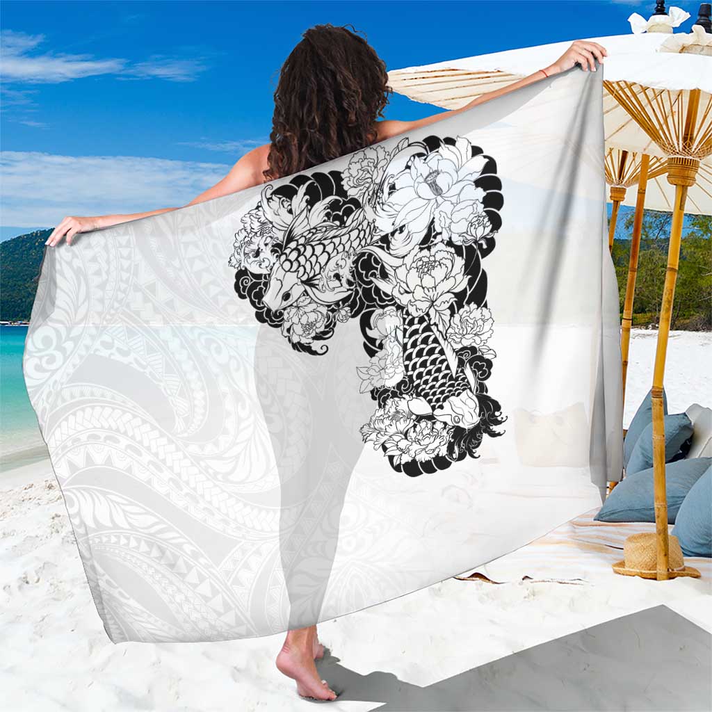 Hawaiian and Japanese Together Sarong Japanese Koi Fish Tattoo and Kakau Pattern White Color