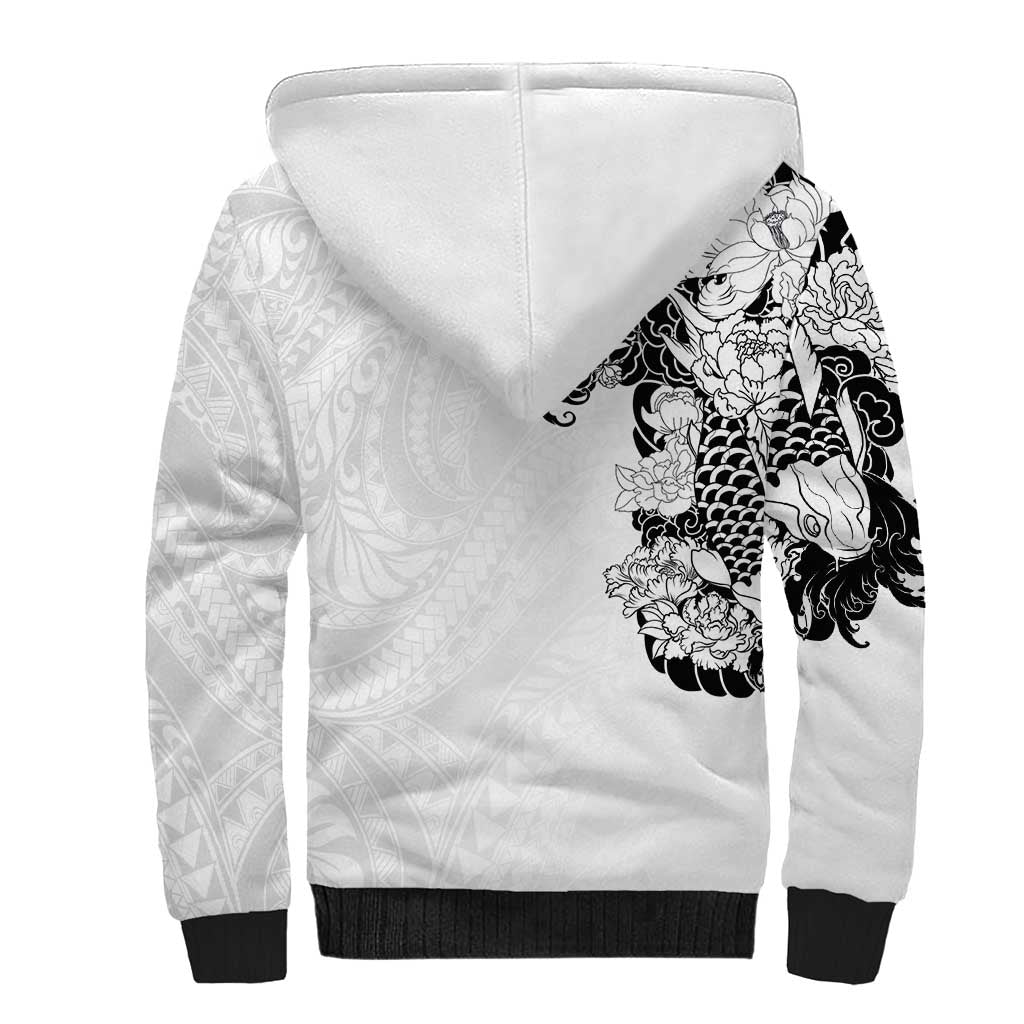 Hawaiian and Japanese Together Sherpa Hoodie Japanese Koi Fish Tattoo and Kakau Pattern White Color