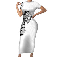 Hawaiian and Japanese Together Short Sleeve Bodycon Dress Japanese Koi Fish Tattoo and Kakau Pattern White Color