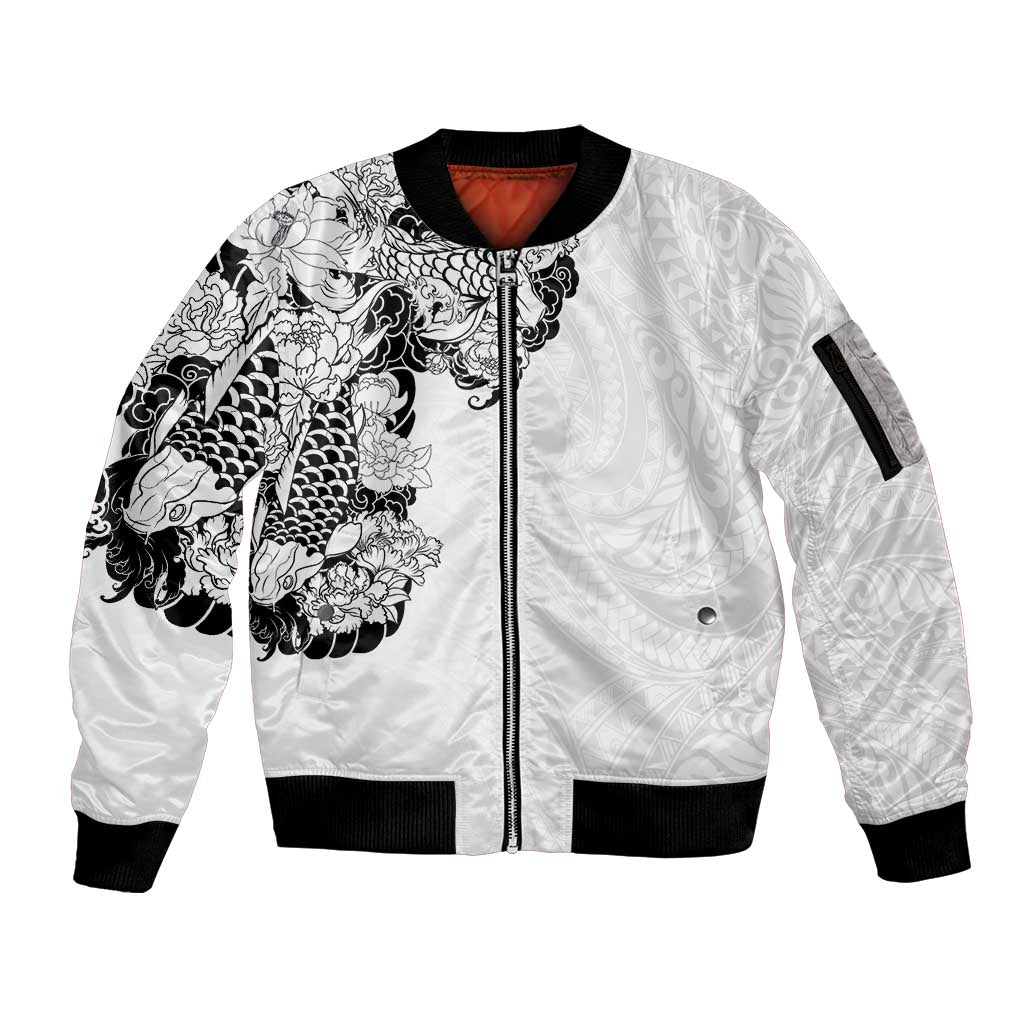 Hawaiian and Japanese Together Sleeve Zip Bomber Jacket Japanese Koi Fish Tattoo and Kakau Pattern White Color