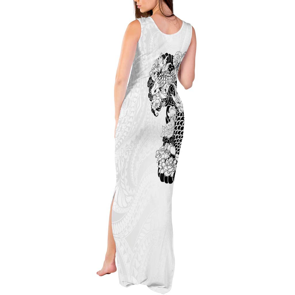 Hawaiian and Japanese Together Tank Maxi Dress Japanese Koi Fish Tattoo and Kakau Pattern White Color