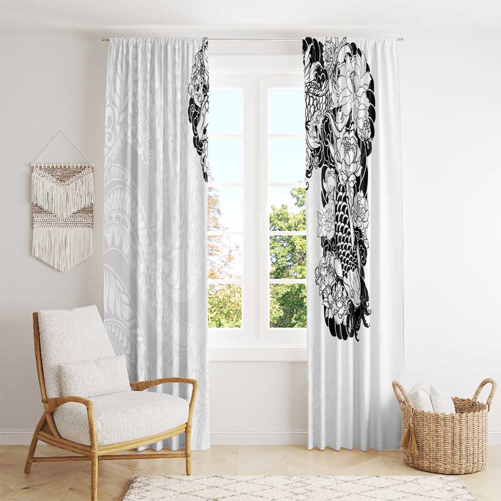 Hawaiian and Japanese Together Window Curtain Japanese Koi Fish Tattoo and Kakau Pattern White Color