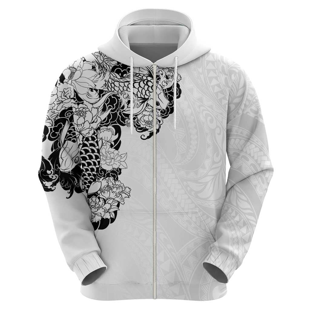 Hawaiian and Japanese Together Zip Hoodie Japanese Koi Fish Tattoo and Kakau Pattern White Color
