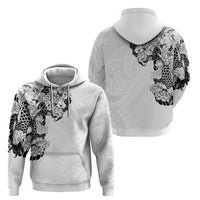 Hawaiian and Japanese Together Zip Hoodie Japanese Koi Fish Tattoo and Kakau Pattern White Color