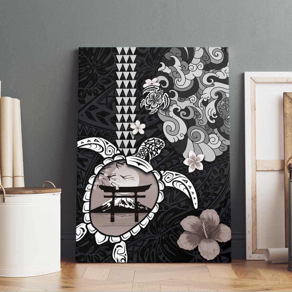 Hawaiian and Japanese Together Canvas Wall Art Japanese Culture and Turtle Kakau Tattoo Black Color