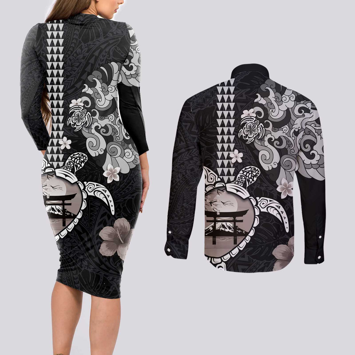 Hawaiian and Japanese Together Couples Matching Long Sleeve Bodycon Dress and Long Sleeve Button Shirt Japanese Culture and Turtle Kakau Tattoo Black Color