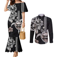 Hawaiian and Japanese Together Couples Matching Mermaid Dress and Long Sleeve Button Shirt Japanese Culture and Turtle Kakau Tattoo Black Color