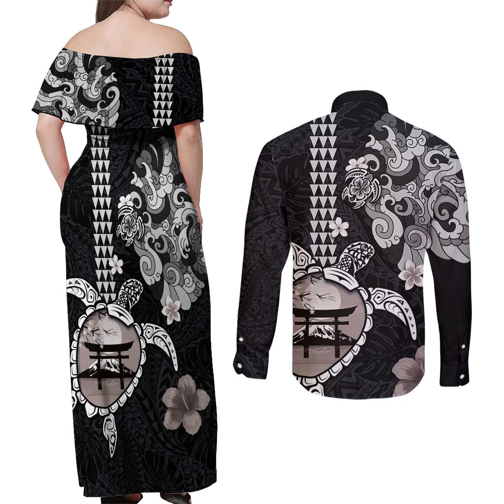 Hawaiian and Japanese Together Couples Matching Off Shoulder Maxi Dress and Long Sleeve Button Shirt Japanese Culture and Turtle Kakau Tattoo Black Color