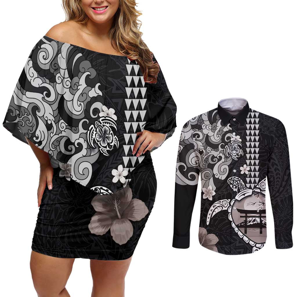 Hawaiian and Japanese Together Couples Matching Off Shoulder Short Dress and Long Sleeve Button Shirt Japanese Culture and Turtle Kakau Tattoo Black Color