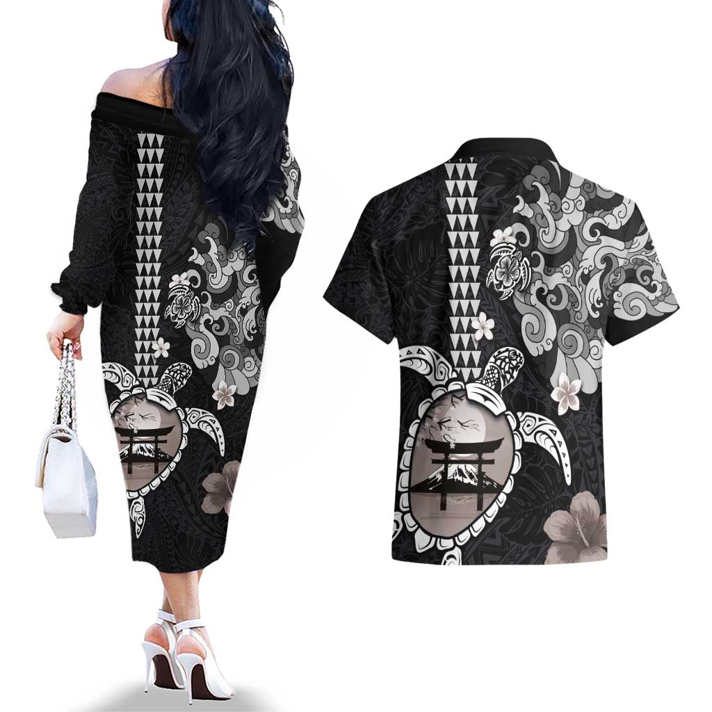 Hawaiian and Japanese Together Couples Matching Off The Shoulder Long Sleeve Dress and Hawaiian Shirt Japanese Culture and Turtle Kakau Tattoo Black Color