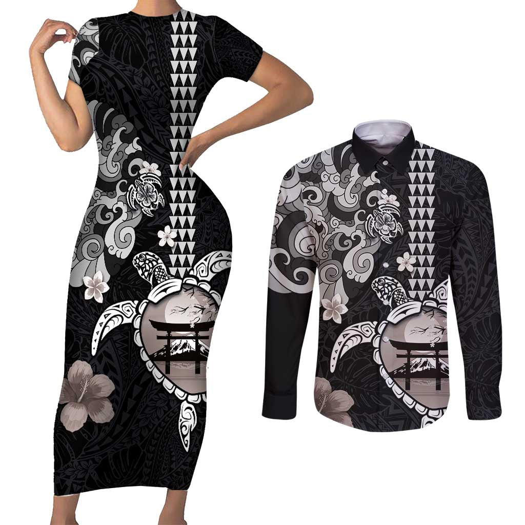 Hawaiian and Japanese Together Couples Matching Short Sleeve Bodycon Dress and Long Sleeve Button Shirt Japanese Culture and Turtle Kakau Tattoo Black Color