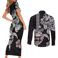Hawaiian and Japanese Together Couples Matching Short Sleeve Bodycon Dress and Long Sleeve Button Shirt Japanese Culture and Turtle Kakau Tattoo Black Color