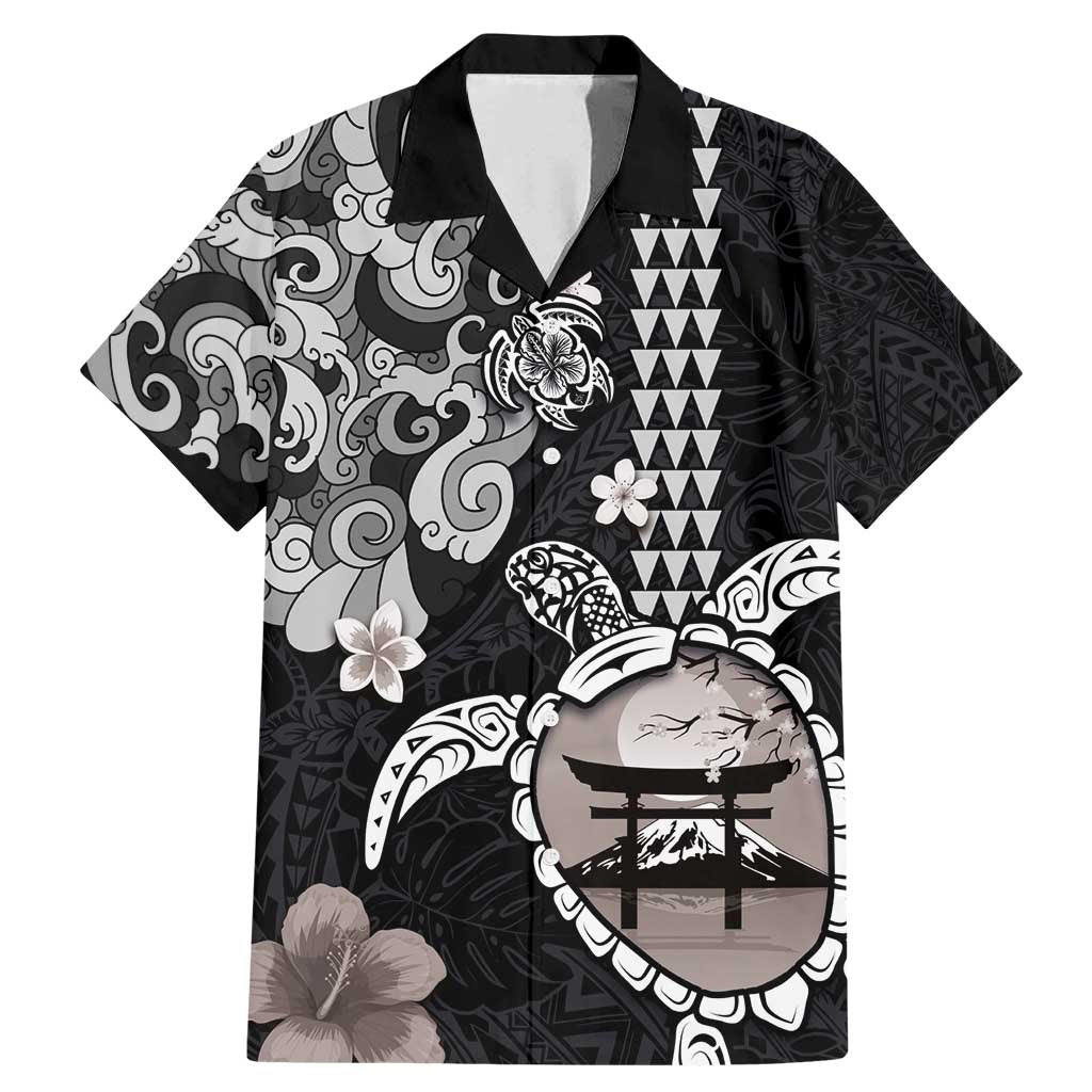 Hawaiian and Japanese Together Family Matching Mermaid Dress and Hawaiian Shirt Japanese Culture and Turtle Kakau Tattoo Black Color