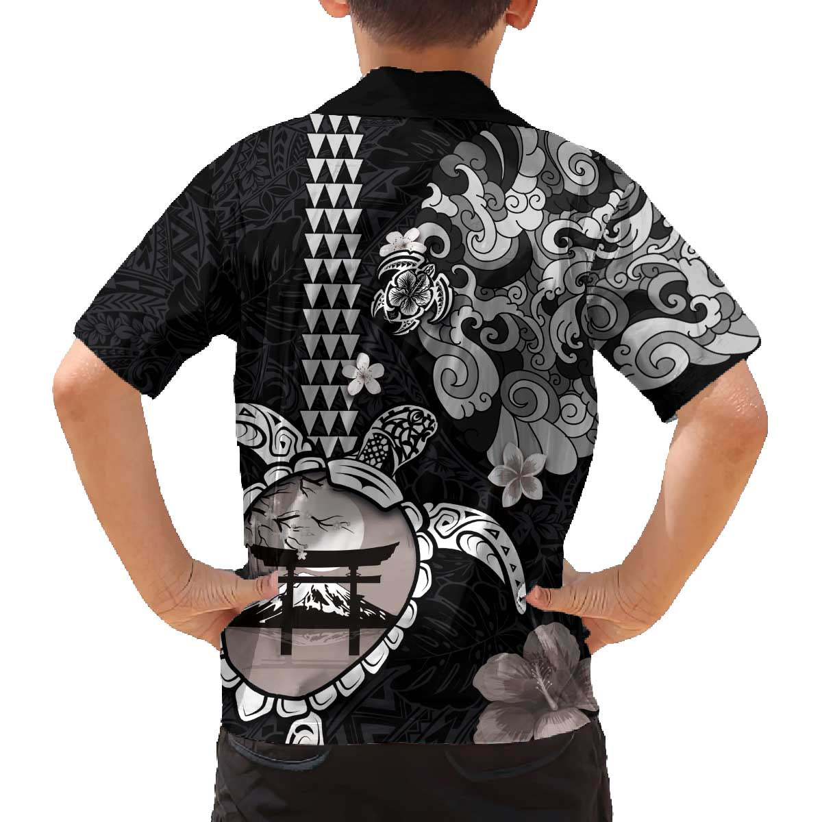 Hawaiian and Japanese Together Family Matching Off Shoulder Short Dress and Hawaiian Shirt Japanese Culture and Turtle Kakau Tattoo Black Color