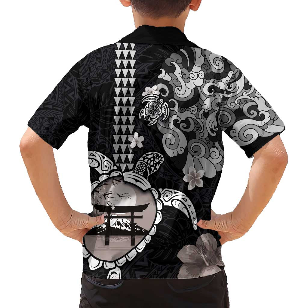 Hawaiian and Japanese Together Family Matching Short Sleeve Bodycon Dress and Hawaiian Shirt Japanese Culture and Turtle Kakau Tattoo Black Color