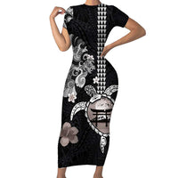 Hawaiian and Japanese Together Family Matching Short Sleeve Bodycon Dress and Hawaiian Shirt Japanese Culture and Turtle Kakau Tattoo Black Color