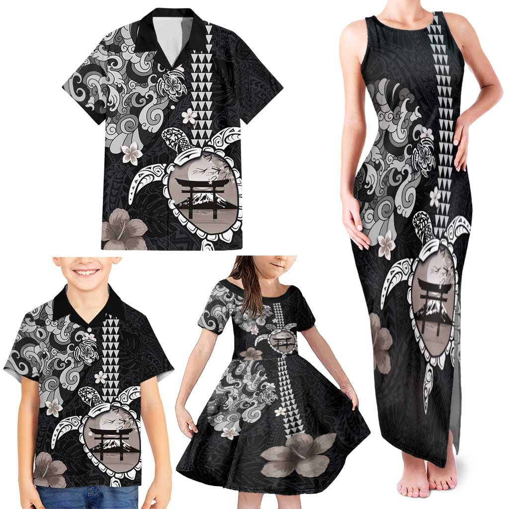 Hawaiian and Japanese Together Family Matching Tank Maxi Dress and Hawaiian Shirt Japanese Culture and Turtle Kakau Tattoo Black Color