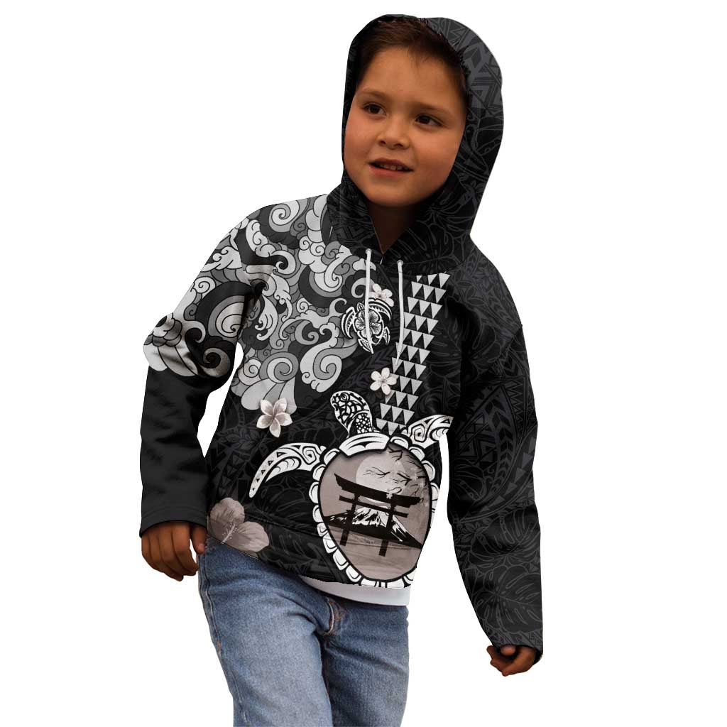 Hawaiian and Japanese Together Kid Hoodie Japanese Culture and Turtle Kakau Tattoo Black Color