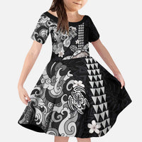 Hawaiian and Japanese Together Kid Short Sleeve Dress Japanese Culture and Turtle Kakau Tattoo Black Color