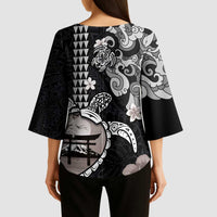 Hawaiian and Japanese Together Kimono Sleeve Blouse Japanese Culture and Turtle Kakau Tattoo Black Color - Polynesian Pride