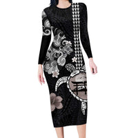 Hawaiian and Japanese Together Long Sleeve Bodycon Dress Japanese Culture and Turtle Kakau Tattoo Black Color