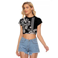 Hawaiian and Japanese Together Raglan Cropped T Shirt Japanese Culture and Turtle Kakau Tattoo Black Color