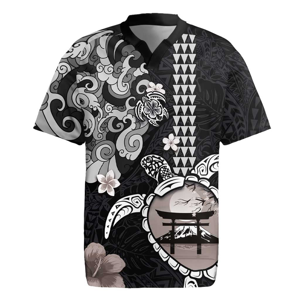 Hawaiian and Japanese Together Rugby Jersey Japanese Culture and Turtle Kakau Tattoo Black Color