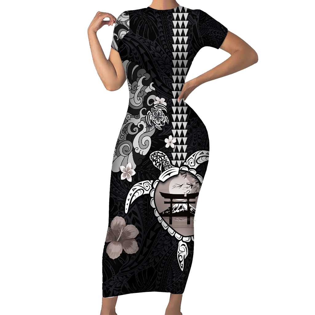 Hawaiian and Japanese Together Short Sleeve Bodycon Dress Japanese Culture and Turtle Kakau Tattoo Black Color