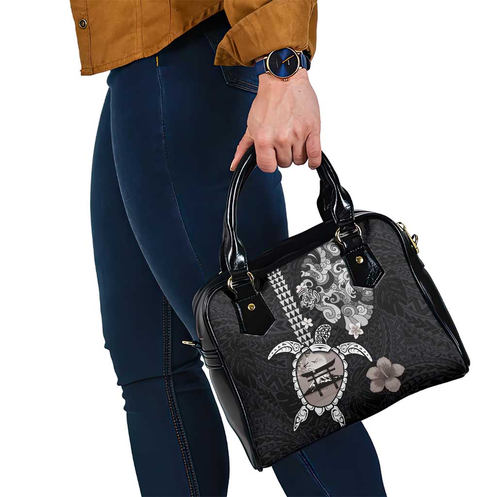Hawaiian and Japanese Together Shoulder Handbag Japanese Culture and Turtle Kakau Tattoo Black Color
