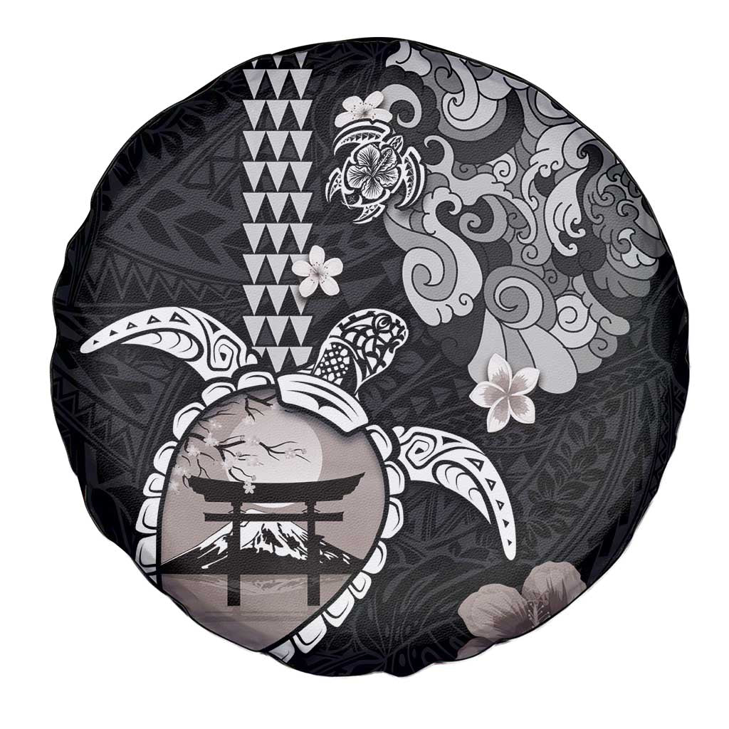 Hawaiian and Japanese Together Spare Tire Cover Japanese Culture and Turtle Kakau Tattoo Black Color