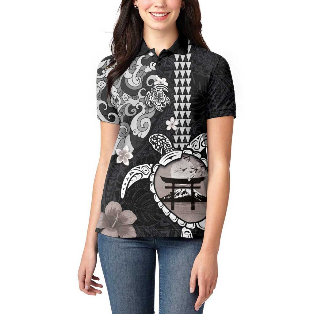 Hawaiian and Japanese Together Women Polo Shirt Japanese Culture and Turtle Kakau Tattoo Black Color