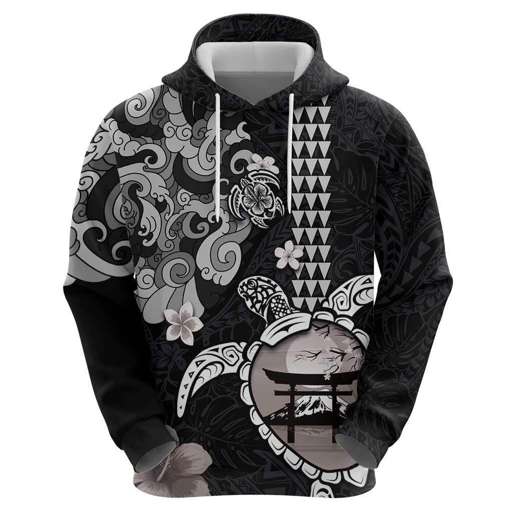 Hawaiian and Japanese Together Zip Hoodie Japanese Culture and Turtle Kakau Tattoo Black Color
