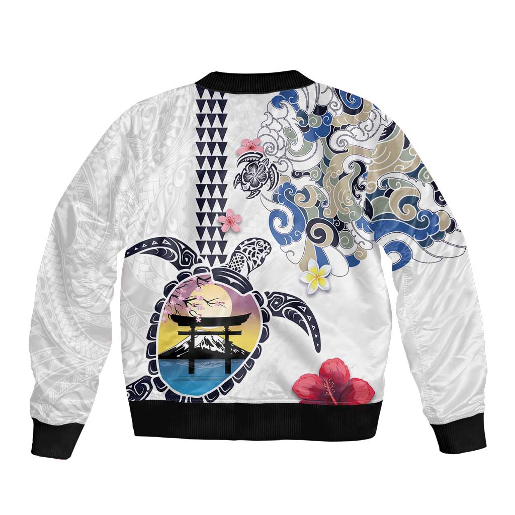 Hawaiian and Japanese Together Bomber Jacket Japanese Culture and Turtle Kakau Tattoo White Color