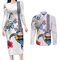 Hawaiian and Japanese Together Couples Matching Long Sleeve Bodycon Dress and Long Sleeve Button Shirt Japanese Culture and Turtle Kakau Tattoo White Color