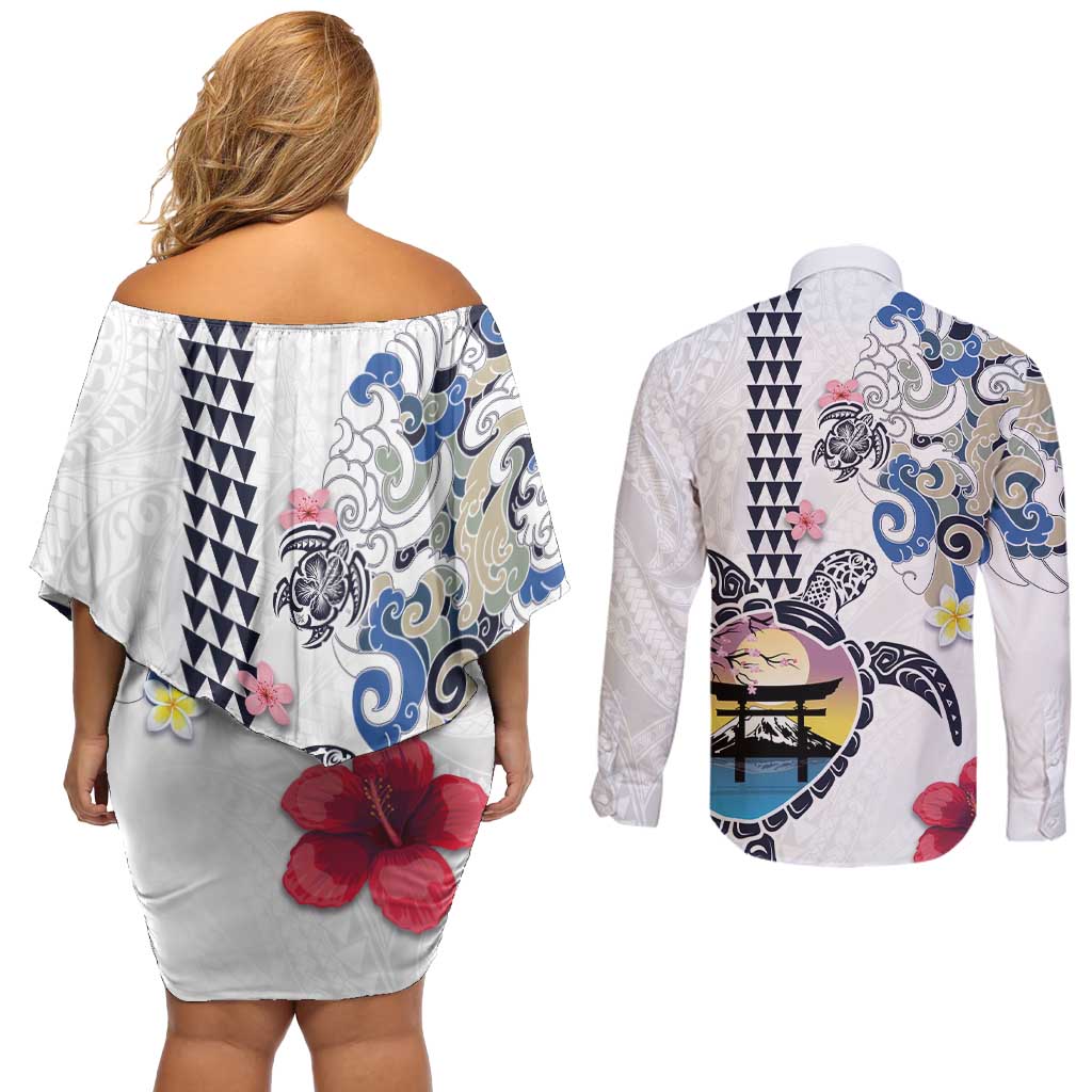 Hawaiian and Japanese Together Couples Matching Off Shoulder Short Dress and Long Sleeve Button Shirt Japanese Culture and Turtle Kakau Tattoo White Color
