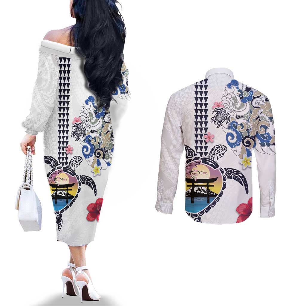 Hawaiian and Japanese Together Couples Matching Off The Shoulder Long Sleeve Dress and Long Sleeve Button Shirt Japanese Culture and Turtle Kakau Tattoo White Color