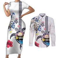 Hawaiian and Japanese Together Couples Matching Short Sleeve Bodycon Dress and Long Sleeve Button Shirt Japanese Culture and Turtle Kakau Tattoo White Color