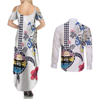 Hawaiian and Japanese Together Couples Matching Summer Maxi Dress and Long Sleeve Button Shirt Japanese Culture and Turtle Kakau Tattoo White Color
