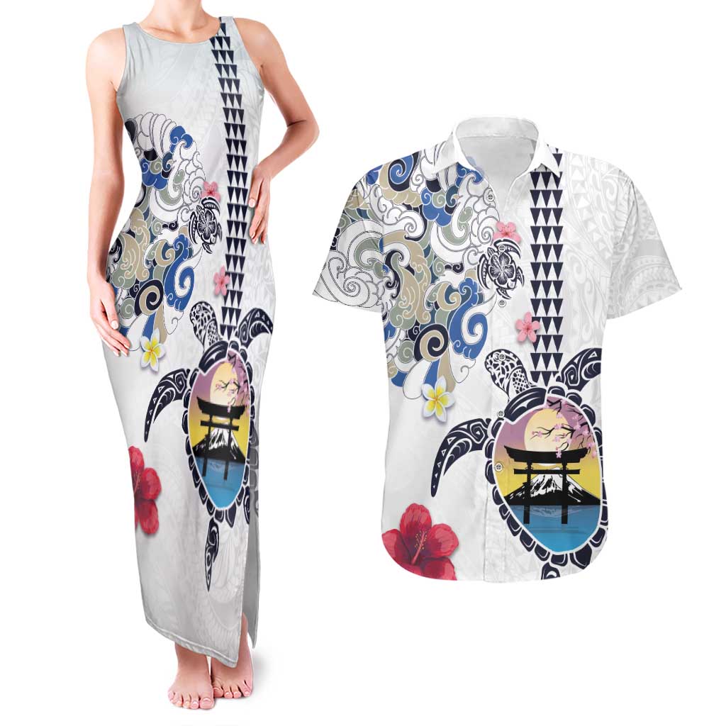 Hawaiian and Japanese Together Couples Matching Tank Maxi Dress and Hawaiian Shirt Japanese Culture and Turtle Kakau Tattoo White Color