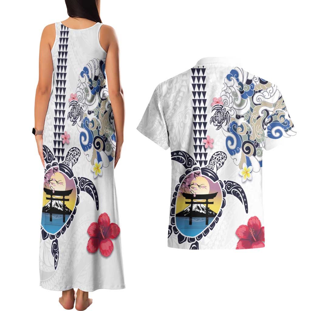 Hawaiian and Japanese Together Couples Matching Tank Maxi Dress and Hawaiian Shirt Japanese Culture and Turtle Kakau Tattoo White Color