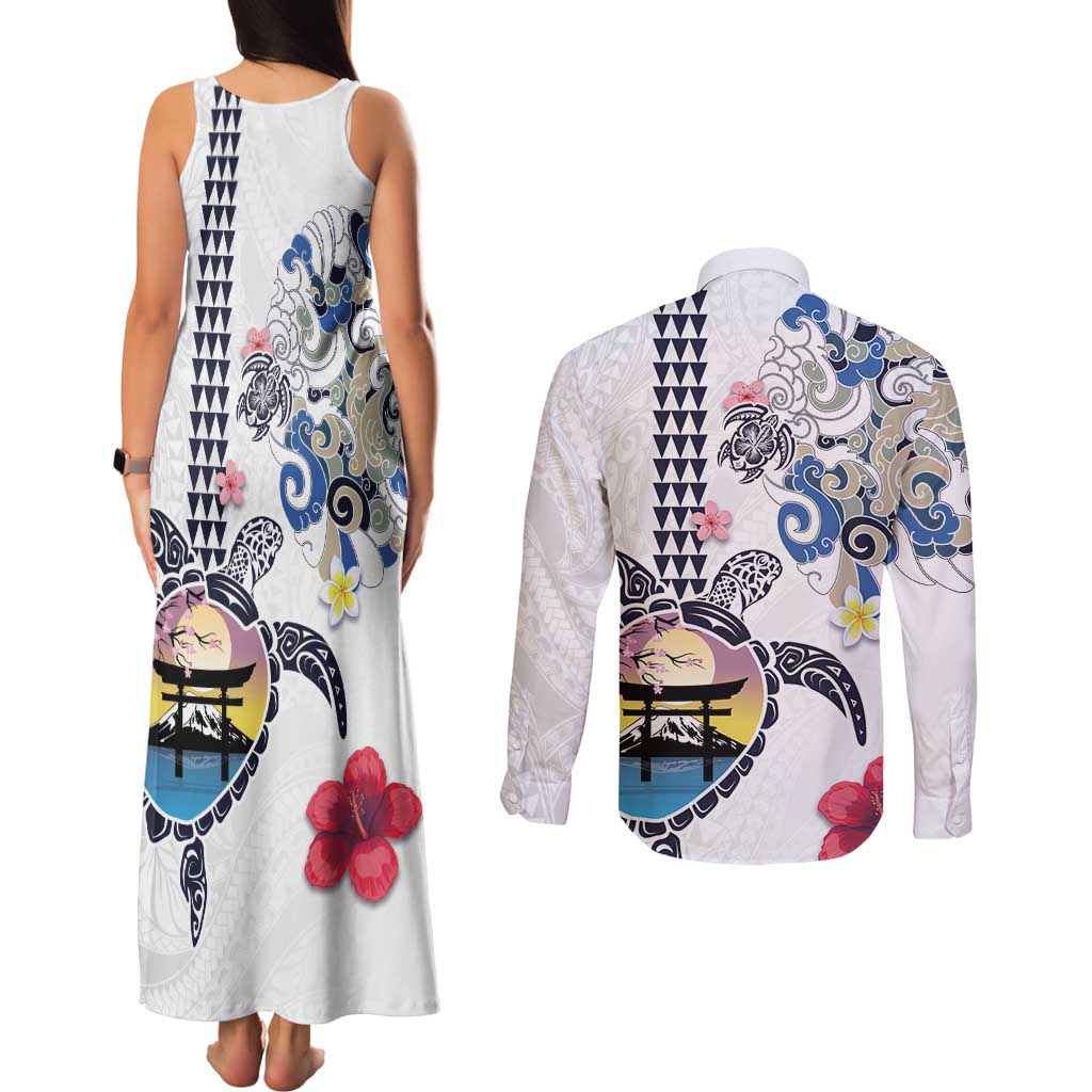 Hawaiian and Japanese Together Couples Matching Tank Maxi Dress and Long Sleeve Button Shirt Japanese Culture and Turtle Kakau Tattoo White Color