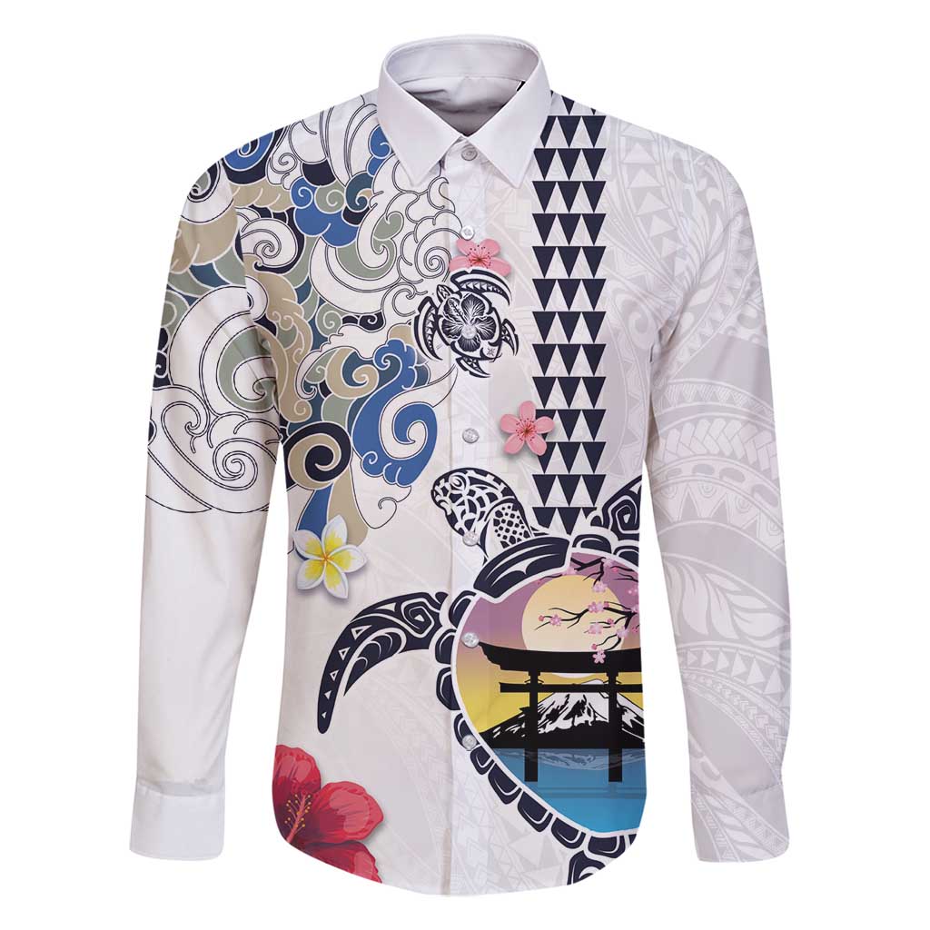 Hawaiian and Japanese Together Family Matching Long Sleeve Bodycon Dress and Hawaiian Shirt Japanese Culture and Turtle Kakau Tattoo White Color