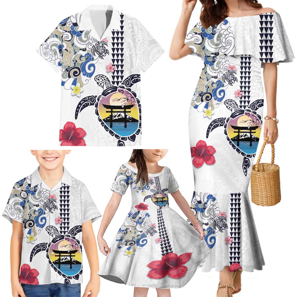 Hawaiian and Japanese Together Family Matching Mermaid Dress and Hawaiian Shirt Japanese Culture and Turtle Kakau Tattoo White Color