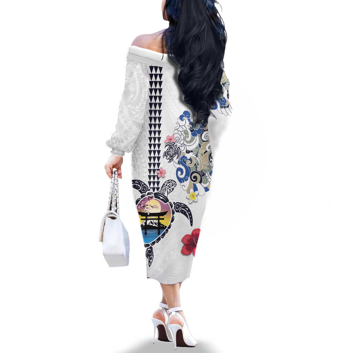 Hawaiian and Japanese Together Family Matching Off The Shoulder Long Sleeve Dress and Hawaiian Shirt Japanese Culture and Turtle Kakau Tattoo White Color