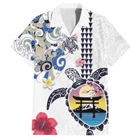 Hawaiian and Japanese Together Family Matching Off Shoulder Maxi Dress and Hawaiian Shirt Japanese Culture and Turtle Kakau Tattoo White Color