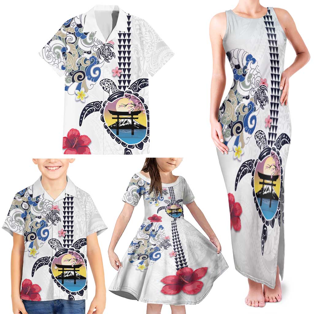 Hawaiian and Japanese Together Family Matching Tank Maxi Dress and Hawaiian Shirt Japanese Culture and Turtle Kakau Tattoo White Color