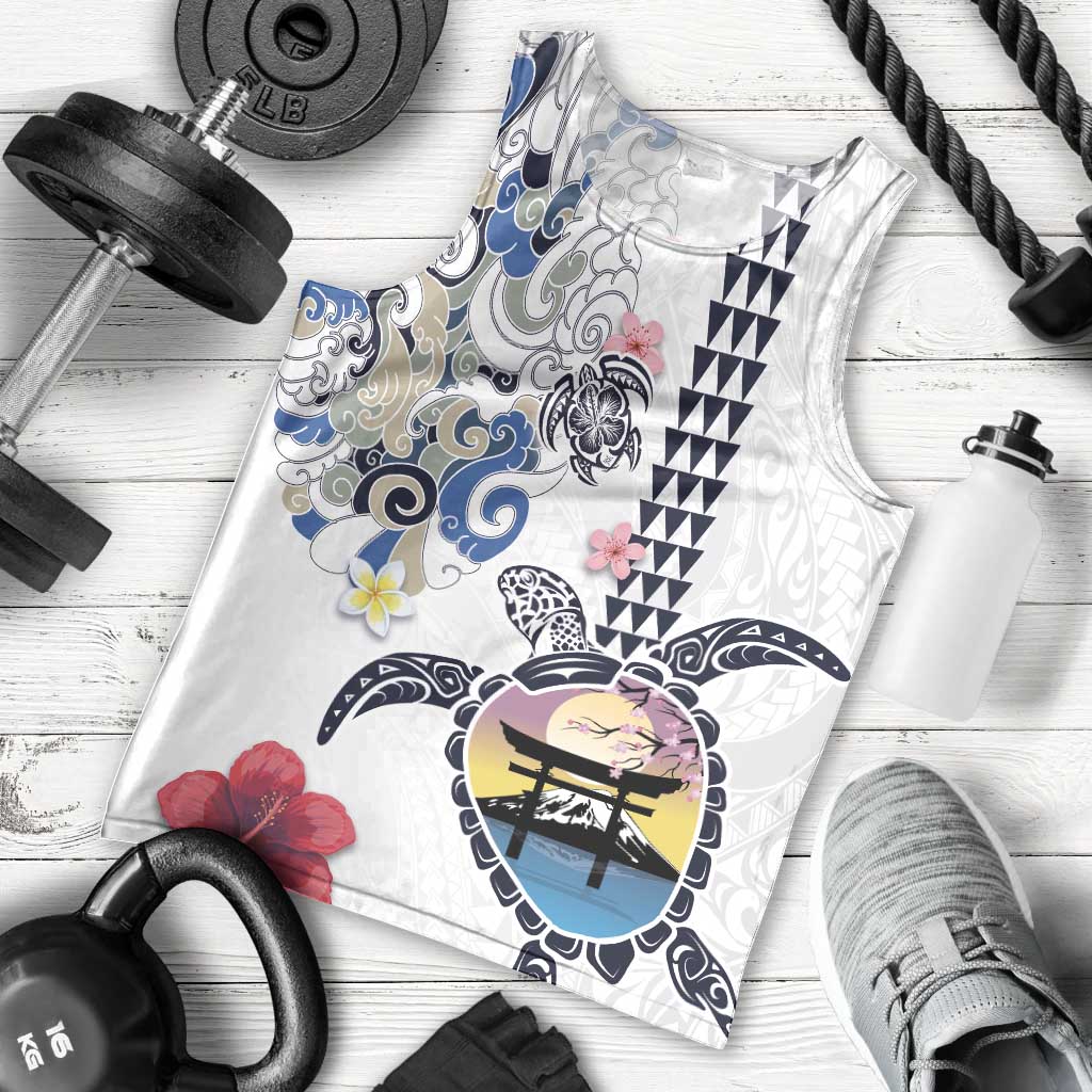 Hawaiian and Japanese Together Men Tank Top Japanese Culture and Turtle Kakau Tattoo White Color