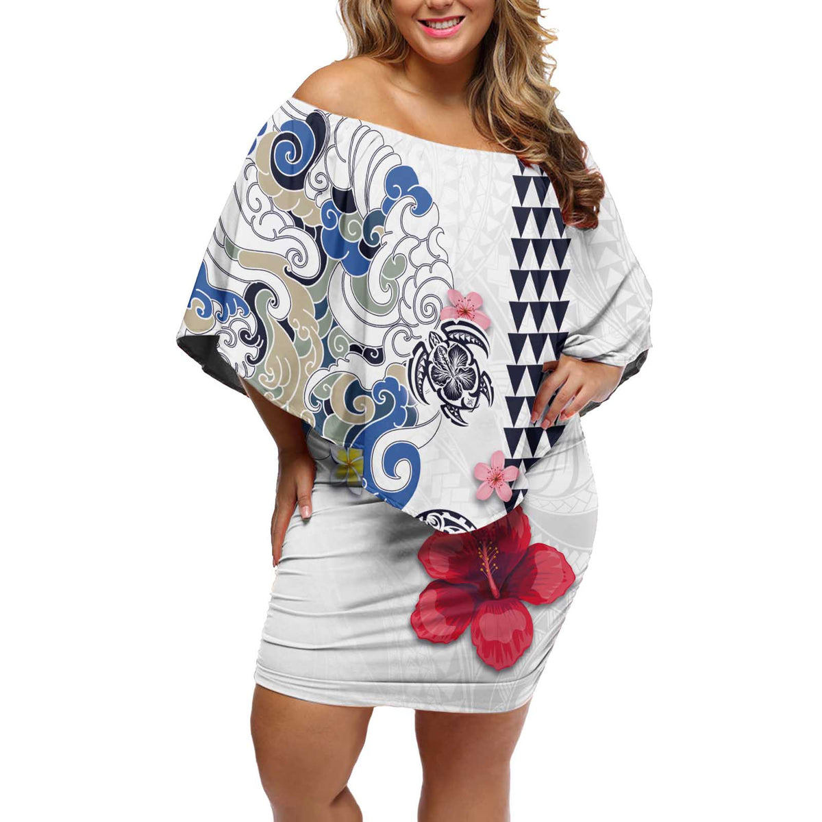 Hawaiian and Japanese Together Off Shoulder Short Dress Japanese Culture and Turtle Kakau Tattoo White Color LT03 Women White - Polynesian Pride
