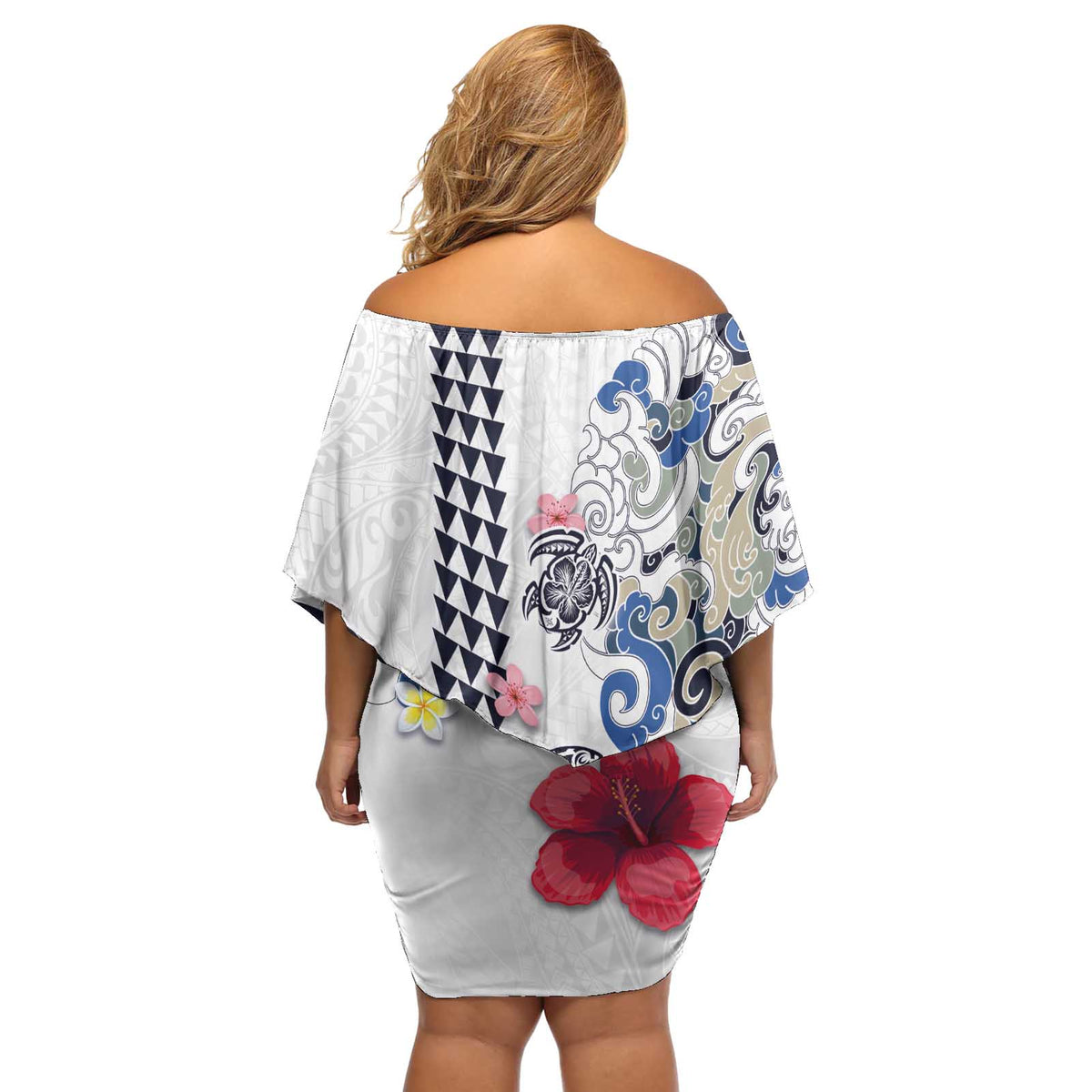 Hawaiian and Japanese Together Off Shoulder Short Dress Japanese Culture and Turtle Kakau Tattoo White Color LT03 - Polynesian Pride